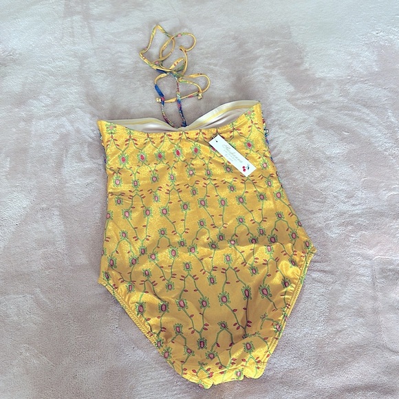Shoshanna YELLOW MULTI CINCHED ONE PIECE Colorful Strapless Swimsuit 8 NEW $250! - Picture 5 of 14